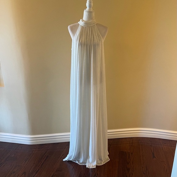 MSK High-Neck Sparkle-Mesh Wide-Leg Jumpsuit-Ivory/Gold - Picture 2 of 9